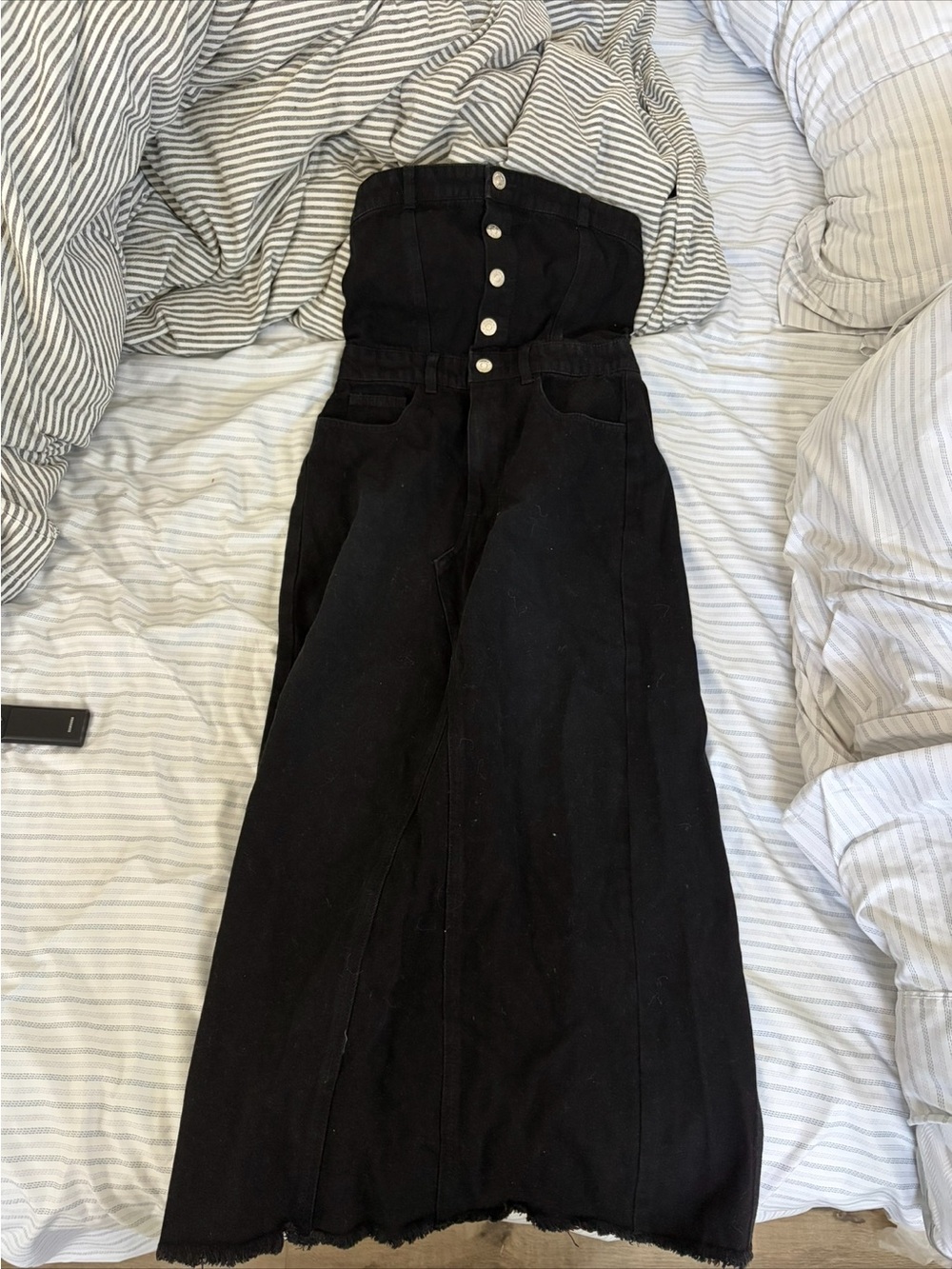 Black Strapless Button-Front Denim Maxi Dress